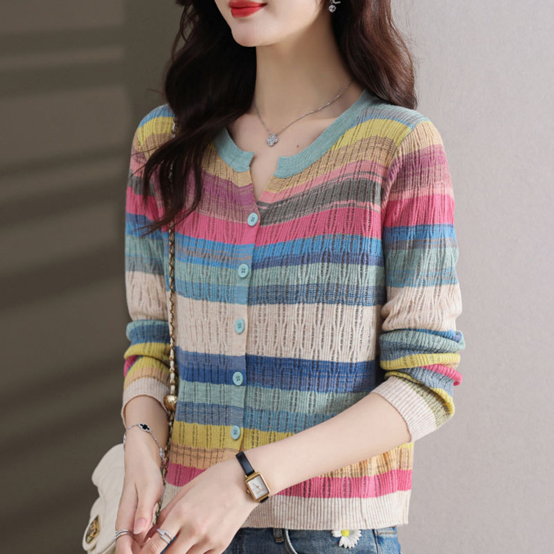 2024 spring and autumn mother sweater western style new sweater women's striped knitted cardigan women's coat top