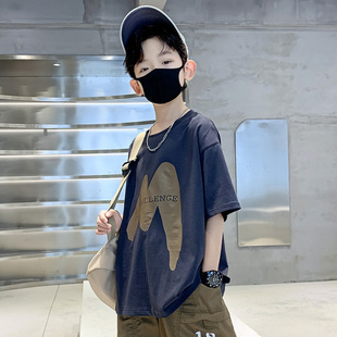 Boys' 2024 Summer Summer Wear Fried Street Trendy New T Cotton Red Primary School Students Half Sleeve Top Boys' T-Shirt Short Sleeve