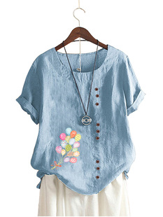 Cotton and linen short-sleeved T-shirt shirt for women 2023 Summer loose retro balloon printed breathable small shirt top multi-color optional