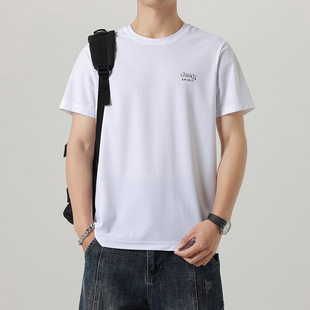JEEP SPIRIT Ice Silk Short-sleeved T-shirt Men's Trendy Brand Knitted Half-sleeved Round Neck Top Summer White T-shirt for Men