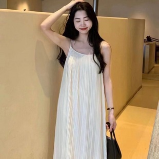 French Style Sweet Style Summer plus size Women's Pleated Loose Sling dress Lazy Style Solid Color Long High-end Style