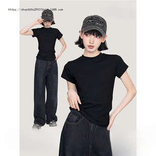 Black Shoulder Short-sleeved T-shirt Women's Summer 2025 New Short Slim-fit Tight American Half-sleeved Base Top