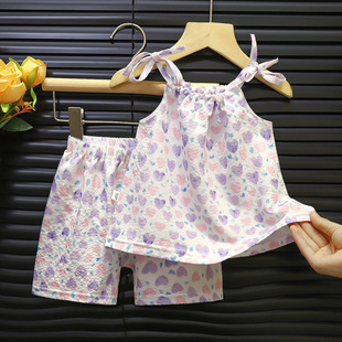 Summer New Baby Girl Korean Style Floral Suspender Suit Shorts Two-Piece Set Western Style Summer Dress Girls Puff Sleeves