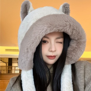 2023 hard Korean style sweet cute fox ear plush Lei Feng hat female autumn and winter warm ear protection wool double-layer cold hat