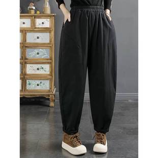 Solid color quilted warm cotton pants artistic casual women's autumn and winter New style outer wear loose elastic waist thickened harem pants
