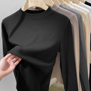 High Neck Fleece Base Shirt Women's Inner Wear Autumn and Winter fleece-lined Sanding Long-Sleeved Middle Neck Solid Color Slim-Fit Base Shirt