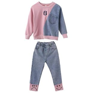 Girls' Spring Dress suit 2024 New Denim Fashionable Children's Sweat Korean Two-piece in stock