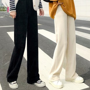Cream wide-leg pants 2020 Autumn and Winter new female students fleece-lined high waist loose slimming casual straight pants