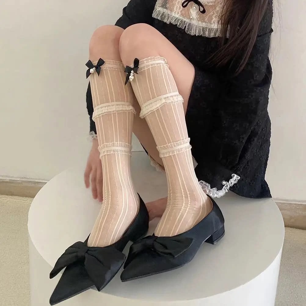 Summer Thin Ballet-Style Short Lace Socks for Women with Bowknot, Paired with Small Leather Shoes, Mary Jane White Calf Socks