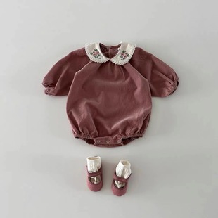 INS Baby Spring and Autumn Embroidered Flower Doll Collar Long Sleeve Climbing Suit for Women's Treasure Sweet Corduroy Fart Bag Clothes