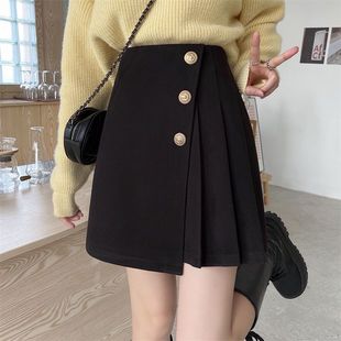 UNMUN high waist woolen skirt autumn and winter plus size irregular pleated skirt all-match A- line skirt black hip skirt