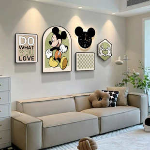 Cartoon Mickey living room decorative painting new led light clock mural modern simple sofa background wall painting