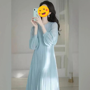 French Blue Pleated dress Women's Spring plus size chubby girl Temperament Gentle Age-reducing Goddess Fan Medium-length Skirt