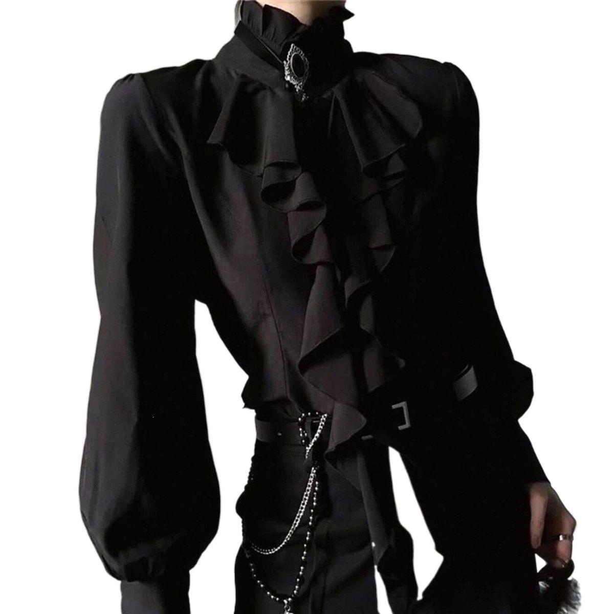 Dark Gothic French Court Style Retro Stand-Collar Ruffled Long-Sleeve Shirt with Ribbon Design, Unisex Style
