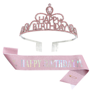birthday Crown happy birthday Party Crown Hairband Crystal Headwear Hair Accessories Glitter Belt Ribbon