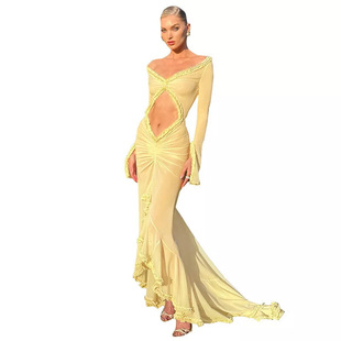 2023 new French style high-grade temperament young goddess fan slim-fit sexy navel mop dress,
