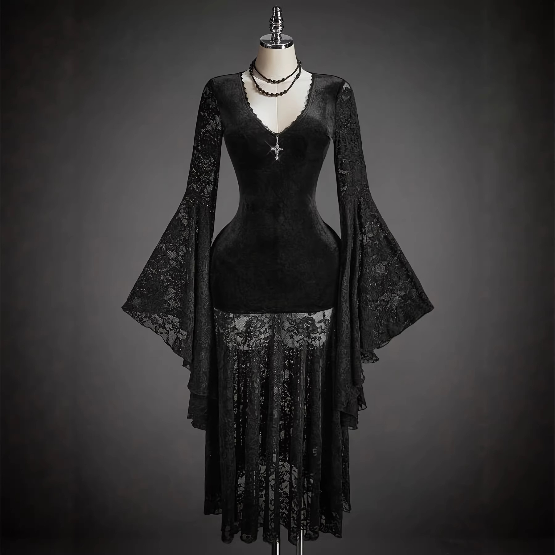 Dark Gothic Style Elegant Lace Dress, Deep V-Neck, Flared Sleeves, Combining Velvet and Lace