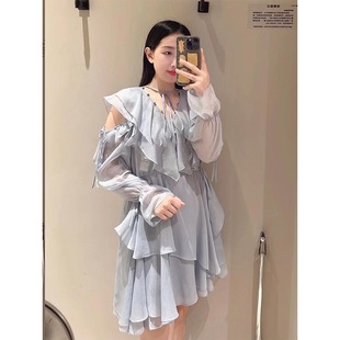 [Hui Lin] 2025 Early Spring Japanese Cross-border V-neck Ruffled Shoulder-exposed Sweet Printed dress 25A055
