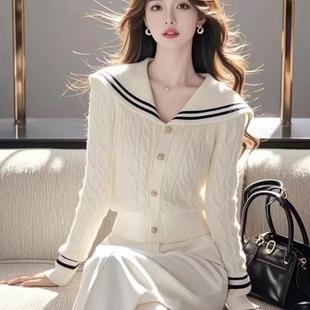 Navy Collar Long-Sleeved Soft Waxy Knitwear for Women 2024 Autumn Slim Design Knitted Knitwear with Bottoming Shirt Top