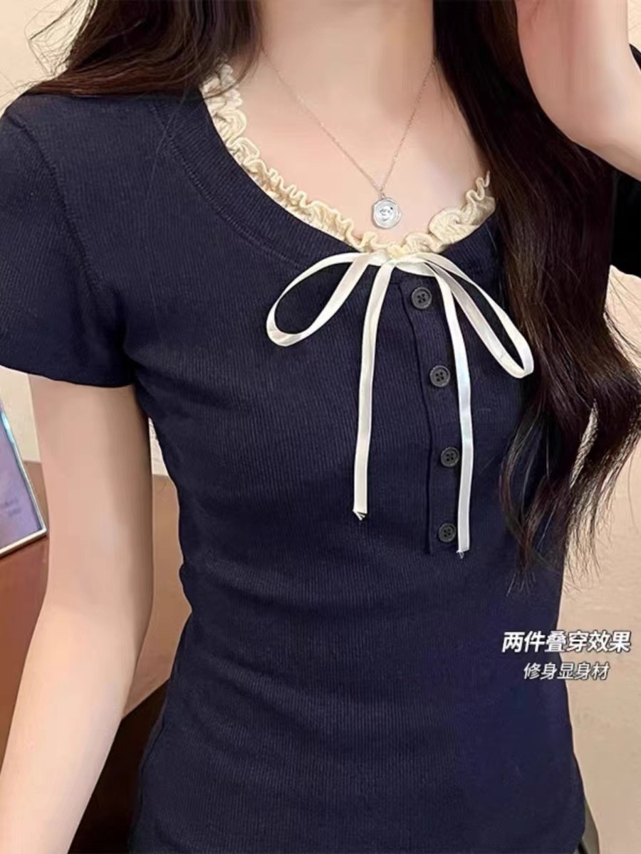 티 브레이크 프렌치 스타일 가짜 투피스 레이스 어깨 반팔베이스 티셔츠 여성용 여름 슬림 핏 타이트 허리 슬리밍 쇼트 탑