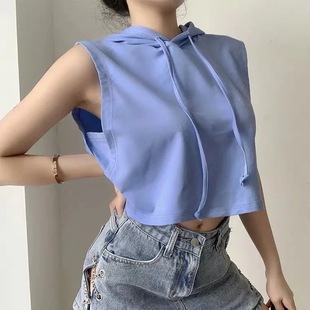 Hooded Drawstring Fitness Clothes Women's Casual Loose Sports Dance Running t Vests Sleeveless Sweatshirt Hip Hop Short T-shirt