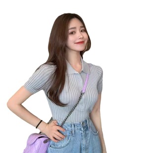 Summer Korean-style Internet Celebrity Slim-fit Short Student Polo Shirt Solid Color bai Short-sleeved T-shirt Knitted Base Top