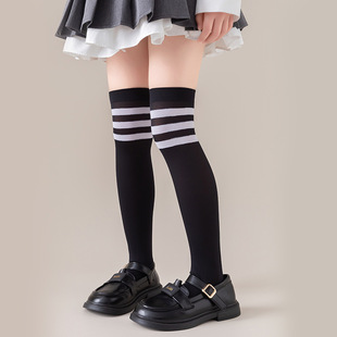 Six One Thin Velvet Children's Stockings White Dance Socks Over the Knee Retro Three-Bar Striped Girls' Mid-Tube Socks
