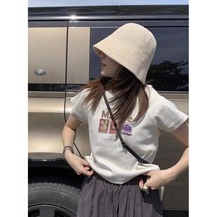 92 Cotton 8 Spandex Purple Shoulder Short-sleeved T-shirt Women's 2023 Summer New Short Small Flying Sleeve Summer Dopamine Wear