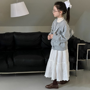 Girls' Spring Sweater 2025 New Children's Knitted Bow Cardigan Sweater Western Style Skirt Two-piece Set