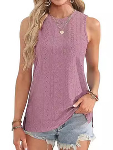 Cross-border Amazon Temu2024 Women's Summer Sleeveless Vest Round Neck Loose Basic Mesh Side Open Top