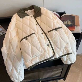 2023 fashionable loose all-match short lightweight quilted coat Chanel style contrast color rhombus lapel cotton-padded coat for women autumn and winter