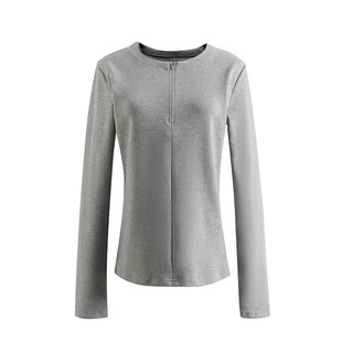 New Slimming Casual All-match Basic Round Neck Invisible Half-open Zipper Inner Stacked Top Women's 4516