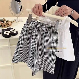 Girls' suit Summer Korean-style New Fashion Fungus Lace Vest Nine-point Plaid Wide-leg Pants Two-piece Set