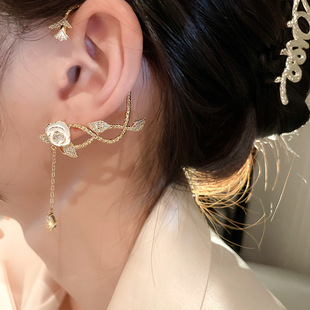 Internet Celebrity Diamond-encrusted Zircon Flower Crystal Tassel Ear Bone Clip Super Fairy Bride Elf Ear Hanging Wedding Accessories
