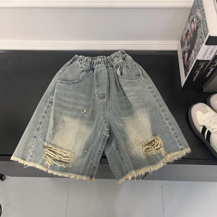 Boys Summer suit 2025 Summer New Korean-style Denim Ripped Shorts Leopard Print All-match Sleeveless Vest Two-piece Set