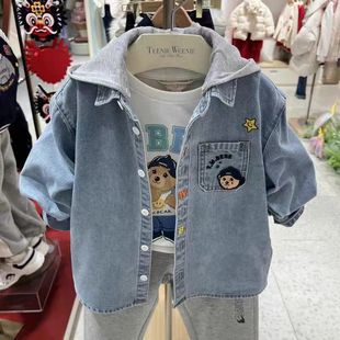 Spring and Autumn Bear Children's Clothing Boys Casual Washed Denim Detachable Hooded Shirt Shirt TKYA241201A