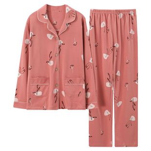 High-end middle-aged mom 100% cotton pajamas Women's Spring and Autumn long sleeve plus size cardigan for middle-aged and elderly suit home