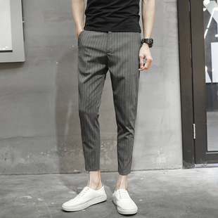 Summer Men's Casual Pants Small Foot Cropped Pants Men's Slim-fit Striped Cropped Pants Men's High-grade Sense Plumpish Handsome Grey