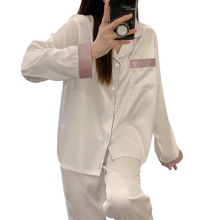 Foreign trade Spring and Autumn Silk casual solid color ice silk pajamas women's long sleeve simple high-grade Ice Silk home wear suit