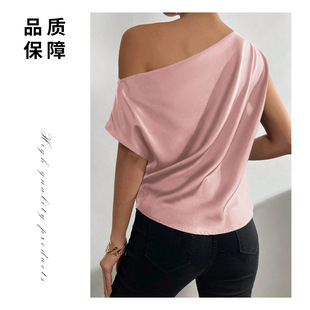 2024 European and American cross-border women's clothing solid color satin artificial silk irregular shoulder off-shoulder pullover sleeveless shirt for women