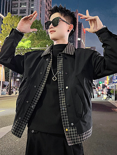 Fake Two-piece Jacket Men's Spring and Autumn Fashion Brand Lapel Plaid Stitching Jacket Men's 2025 New Men's Autumn Jacket