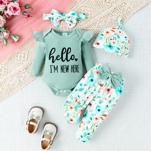 European and American Foreign Trade children's clothing newborn clothes baby girls' one-piece romper trousers hat headscarf four-piece baby clothing