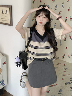 2024 Summer New Fat Girl Plus Size Women's College-style Striped Fake Two-piece Knit High Waist Skirt Set