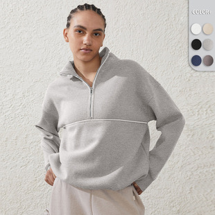 Cross-border Foreign Trade Autumn and Winter Fashionable Women's High Collar Half Zipper Contrast Color Decorative Lines Trendy Street Style Sweatshirt
