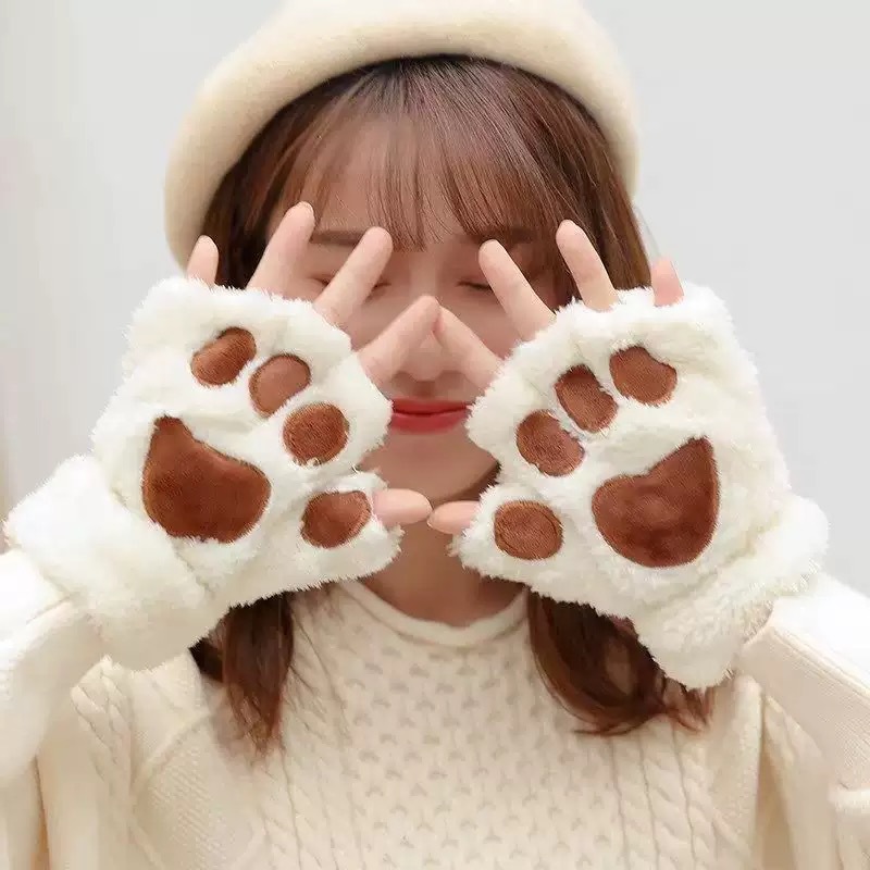 Bear Claw Half-Finger Plush Gloves Winter Student Writing Gloves with Fleece Exposed Fingers Warm Half-Finger Foreign Trade Cat Claw Gloves Cross-Border