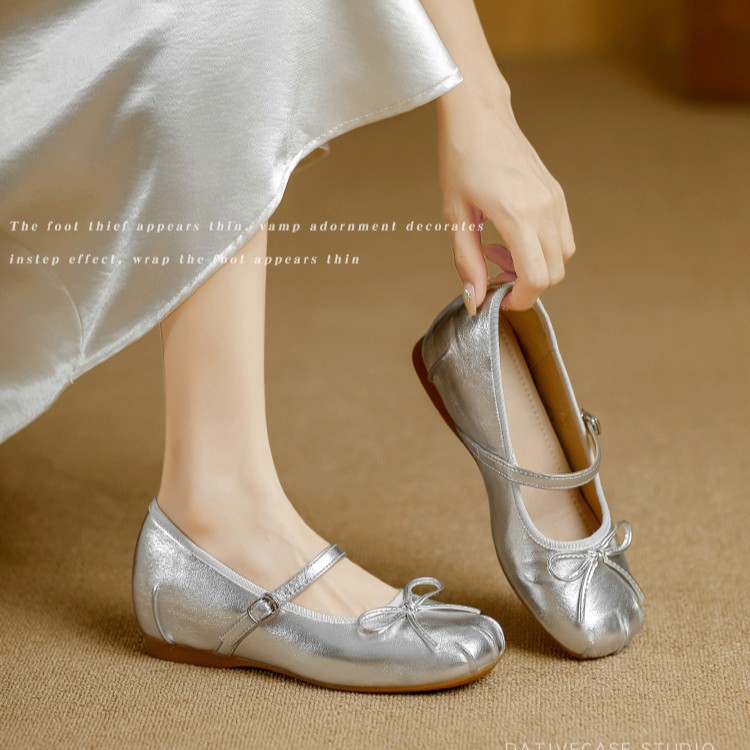 In Stock! Soft Sheepskin~5Cm Hidden Heel Increase, Silver Ballet Flats for Women, Bowknot Leather Shoes, Flat Mary Jane Shoes