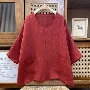Real shot 2025 new cotton and linen thin vintage shirt V-neck hand stitching embroidery thread pullover short sleeve literary blouse