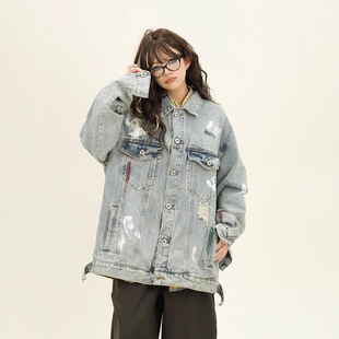 Hong Kong Style Trendy Brand Denim Jacket Men's Long Sleeve Ripped Popular All-match High Street Warm Casual Fashionable Jacket