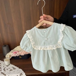 Girls' Summer Short-sleeved Shirt Baby Stylish Children's Distinctive Trendy Korean Style Lace Embroidered Cute Doll Shirt