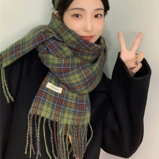 Retro Green Plaid Scarf Women's Autumn and Winter Good Personality on the Grade Warm Shawl Scarf Korean Style New